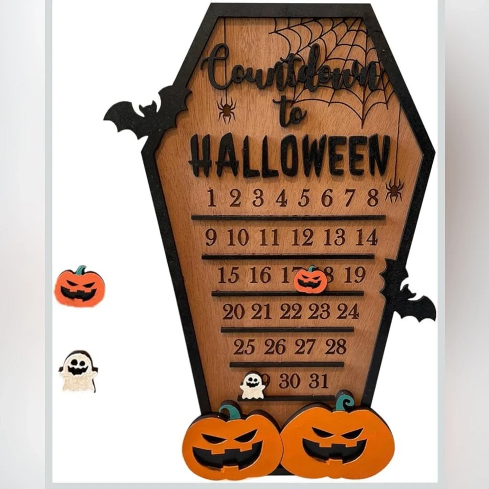 NWT Countdown to Halloween Calendar Wooden Advent Coffin Shaped Wall‎ Decor